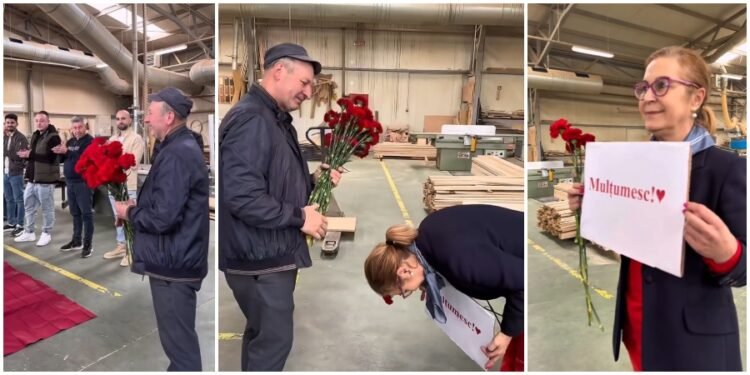 Momente emoționante la o fabrică din România: Patroana s-a închinat în fața angajatului său