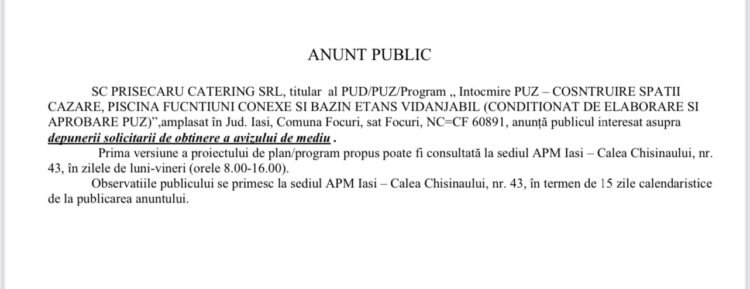 Anunț Public privind obținerea avizului de Mediu