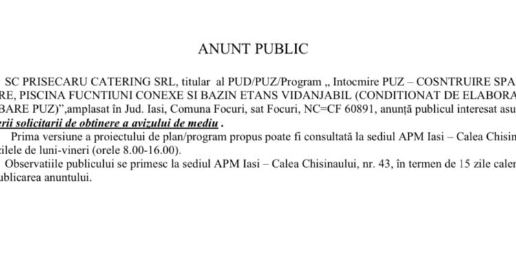 Anunț Public privind obținerea avizului de Mediu