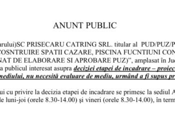 Anunț Public privind Decizia Etapei de Încadrare pentru PUZ – Construire Spații de Cazare și Funcțiuni Conexe