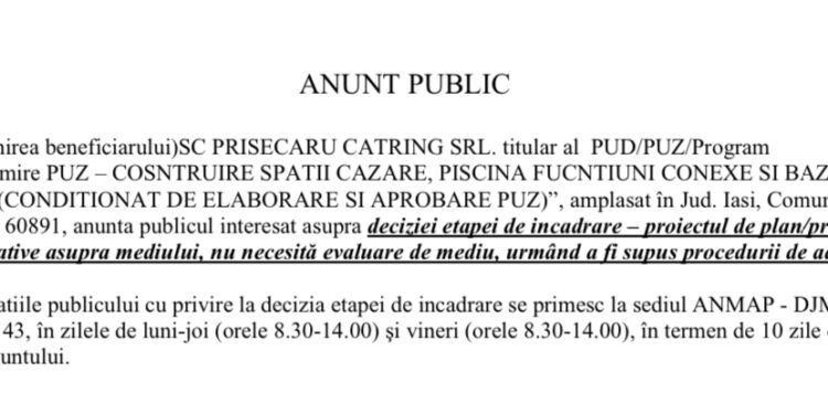 Anunț Public privind Decizia Etapei de Încadrare pentru PUZ – Construire Spații de Cazare și Funcțiuni Conexe