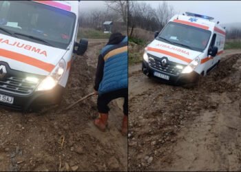 Ambulanță blocată în noroi la Florești! Tractorul mănăstirii a salvat viața unei femei de 90 de ani