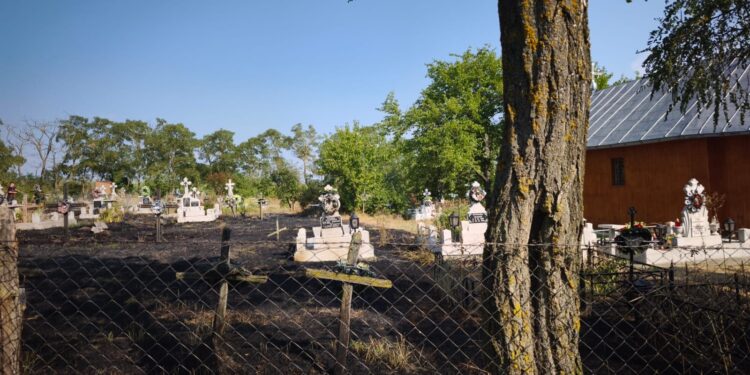 Lumânările aprinse au provocat panică într-un cimitir. Vegetația uscată și crucile din lemn au luat foc