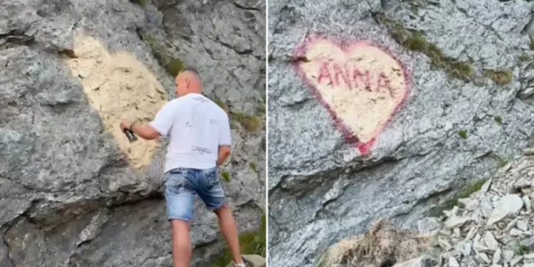 Declarație de dragoste cu spray pe o stâncă de pe Transfăgărășan. Gestul unui turist a stârnit un val de revoltă în mediul online