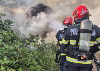 Pompieri din două subunități, mobilizați pentru stingerea unui incendiu de furaje în Coarnele Caprei