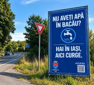 „Nu ai apă în Bacău? Hai în Iași, aici avem!” Panoul care ironizează situația din Bacău a ajuns subiect de glume între internauți