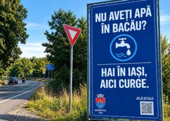 „Nu ai apă în Bacău? Hai în Iași, aici avem!” Panoul care ironizează situația din Bacău a ajuns subiect de glume între internauți