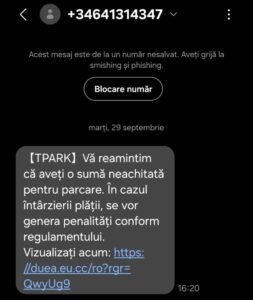 Alertă DNSC: SMS-uri false despre amenzi de parcare. Șoferii sunt îndemnați să acceseze linkuri care pot fura date bancare